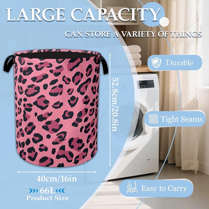 Pink Leopard Laundry Basket Collapsible Laundry Hamper Clothes Storage Bin for Bathroom Bedroom Room Decor 16" X 20.8"