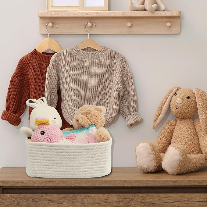 XUANGUO Small Woven Storage Baskets 13“X9”X5“ Decorative Rope Bins for Organizing Shelves, Closets, and Toys, Empty Gift Baskets, Cute Organizer Basket for Home and Office White Large