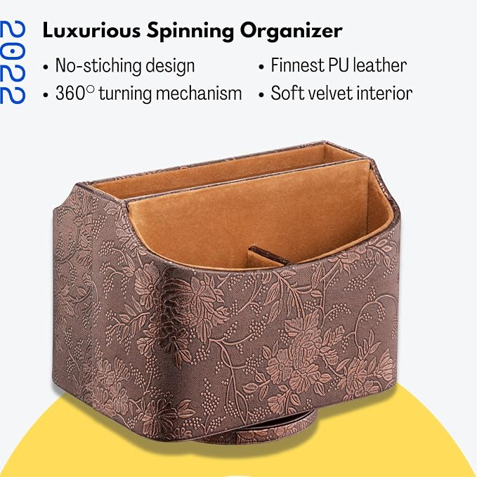 LAMOTI Leather 360 Spinning TV Remote Caddy - 5-Compartment Desk Organizer for Universal Remotes, Phones, Tablets, Pens, Eyeglasses & More (Antique)