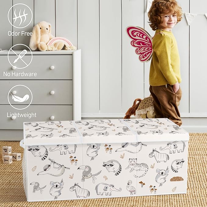 Extra Large Collapsible Toy Box with Lids, Sturdy Storage Organizer for Kids, 38"x16"x13" Toy Chest for Playroom, Nursery, Bedroom, Living Room (Animal Sketches)