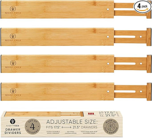 Night Tree Expandable Bamboo Drawer Dividers – drawer separators for Clothes, Kitchen Utensils, Bathroom, and Dresser Drawers (17.5" to 21.5")