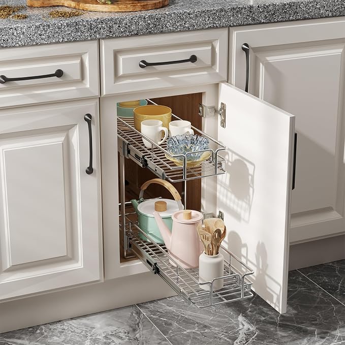 ROOMTEC Pull Out Cabinet Organizer (7½"W x 21½"D),2 Tier Pull Out Storage Shelf Drawer Basket,Sliding Shelves for Base Cabinet Organization in Kitchen, Bathroom, Pantry