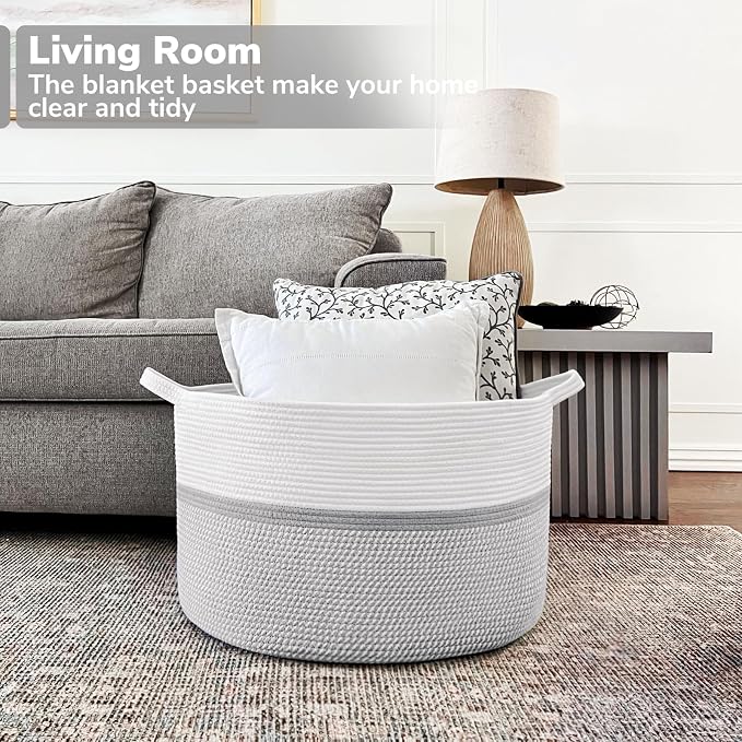 CHICVITA 85L Large Blanket Basket for Living Room, Woven Storage Baskets for Laundry Pillows Toys, Decorative Cotton Rope Basket with Handles for Bedroom Nursery, 22" x 22" x 14", Gray