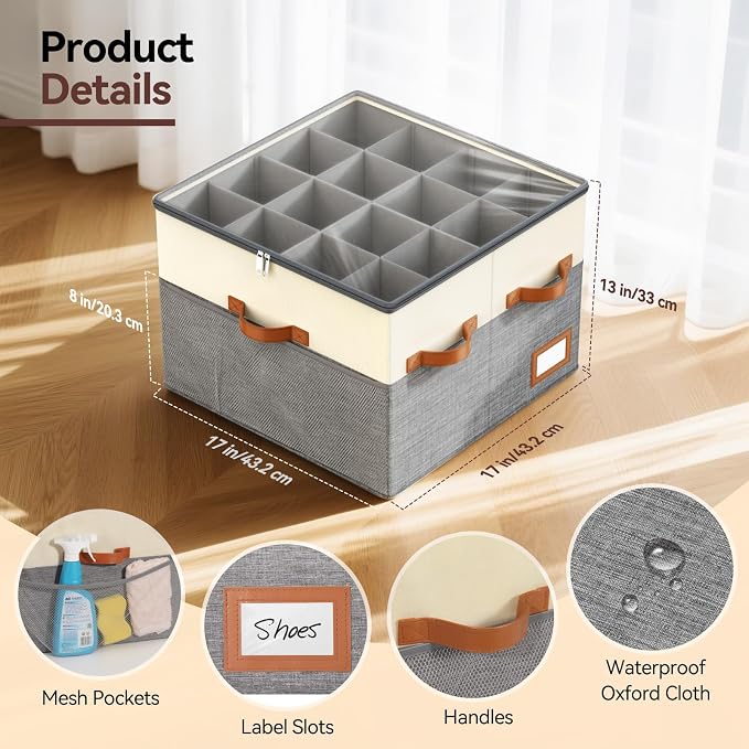 Lewondr Shoe Organizer for Closet, Foldable Shoe Storage Box with Adjustable Dividers and Clear Cover, Space Saving Shoes Holder with 4 Handles, Fits up to 16 Pairs, Beige+Gray