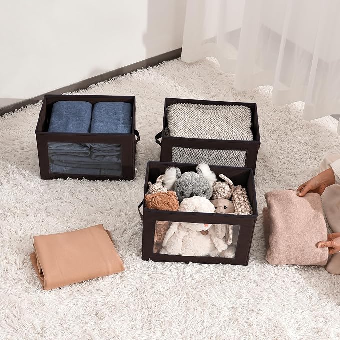 Homsorout Foldable Storage Boxes with Clear Window - Clothes Organizers and Decorative Bins with Lid, Fabric Storage Cube, Baskets for Shelves, Yarn, Home, Brown, 3 Pack