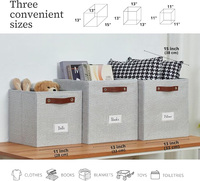 DECOMOMO Storage Bins, Cube Storage Bin with Labels | 10.5" x 11" Fabric Storage Cubes for Shelves (6pcs, Light Texture Grey)