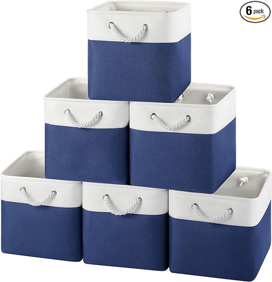 12x12 Storage Cube Bins, 6 Pack Reinforced Bottom Cardboard Foldable Box, Organizer for Closet Shelves, Heavy Home Storage Baskets (White Blue)
