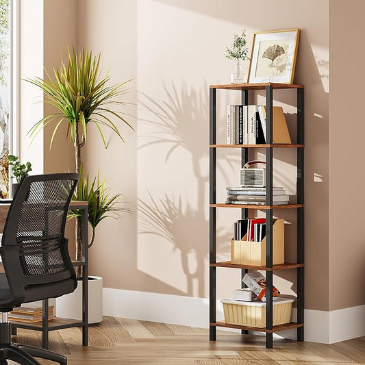 TUTOTAK Bookshelf, 5-Tier Tall Book Shelf, Narrow Bookcase for Small Space, DIY Stackable Bookshelf, for Living Room, Office, Study, Entryway, Industrial, Rustic Brown and Black BS01BB005