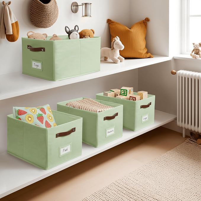 DECOMOMO Storage Bins, Large Fabric Baskets for Shelves, Green (4 Pack) | 15" x 11" x 9.9" foldable closet organizers and storage bins with labels & handles