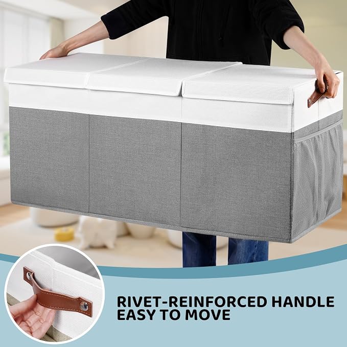 Extra Large Foldable Toy Chest with Lid,Collapsible Kids Toy Storage Box Organizer,Large Fabric Storage Bin for Nursery Playroom Bedroom Living Room,40”x18”x14”,White & Grey