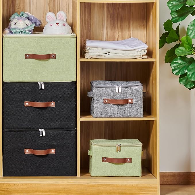 Storage Bins with Zipper Lid Cotton Linen Fabric Lidded Storage Baskets Boxes Foldable Washable Closet Shelf Clothes Organizer Container with PU Leather Handles (Gray, Large Size)