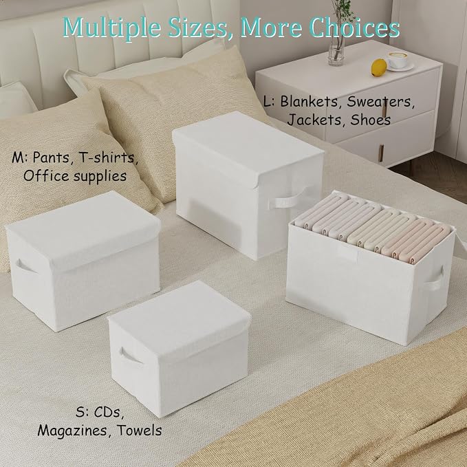 Foldable Storage Bin, Organizer Basket, 2 Pack, White, 13x9x7.9 In | Decorative Boxes with Flip-Top Lid and 2 Handles, Foldable Clothes Container for Shelves with Cover for Towels and Blanket