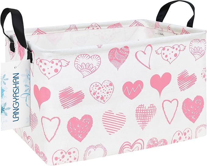 Rectangular Collapsible Angel Heart Storage Basket Nursery Toy Organizer | Storage Bin Foldable Canvas with Handles for Organizing Home Kitchen Children Toys Office Closet Shelf Baskets