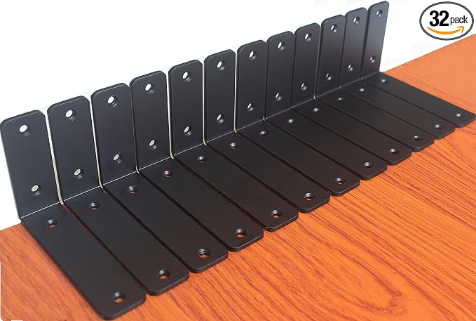 32 Pack - L 6" x H 4" x W1.5, 5mm Thick Black L Shelf Bracket, Iron Shelf Brackets, Metal Shelf Brackets, Floating Shelf, Shelf Supports with Screws