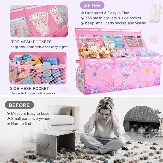 Unicorn Castle Toy Box with Adjustable Divider Toy Chest Storage Large Toy Storage Organizer Bin Collapsible with Lid Pockets for Nursery Playroom,Pink Purple Mermaid