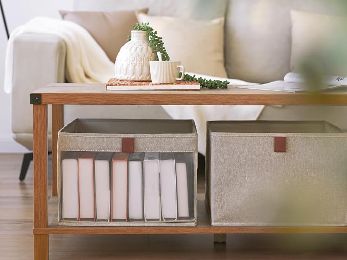 StorageWorks Closet Storage Bins, Extra Large Storage Baskets with Clear Window and Handles, Foldable Fabric Organizer for Clothes, Shelves, Brown and Beige, 3 Pack