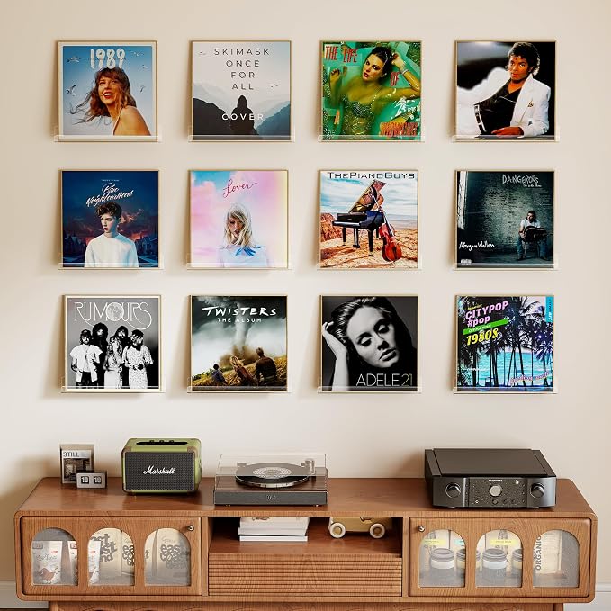 Laurensory Vinyl Record Wall Mount Shelves, 12 inch Vinyl Holder, 12 Pack | Clear Acrylic Floating Shelves for Album Record Storage Display, Wall Decor, Magazine Rack, Kids Bookshelf, Picture Ledge