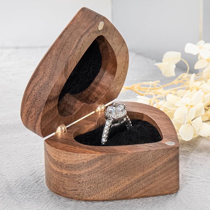Engagement Proposal Ring Box Secret Slim Engraved Wooden Heart Case | Engrave"Will you marry me?", Walnut Wood Ring Bearer Box Jewelry Storage Holder Display for Wedding Ceremony Commemoration