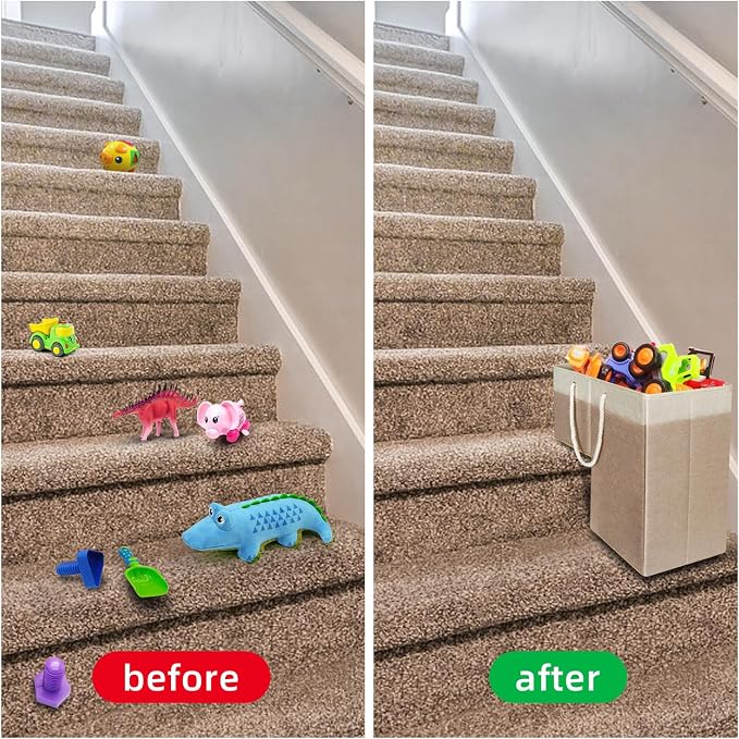 Stair Basket for Stairs with Handle, Staircase Baskets for Carpeted and Wooden Stairs,16" Step Storage Basket for Toys, Clothes, Books, Tools, with Hard Board, Anti-slip (1, Brown)