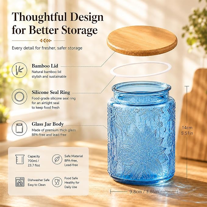 Custde Blue Vintage Glass Candy Jar with Airtight Bamboo Lid, 23.7oz Kitchen Storage Canister for Sugar, Coffee, Tea, Cookies, Bath Salt - Decorative Mason Jar for Pantry & Counter(Blue, 23.7 fl oz)