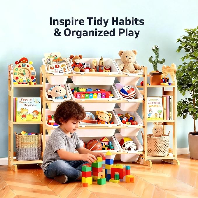 Toy Storage Organizer with 6 Shelves and 12 Bins, Toy Organizers and Storage Shelf with Bookshelf and Bookcase, Toys Box for Kids Room & Playroom & Bedroom & Nursery