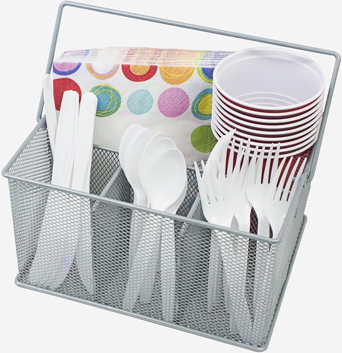 Sorbus® Utensil Caddy — Silverware, Napkin Holder, and Condiment Organizer — Multi-Purpose Steel Mesh Caddy—Ideal for Kitchen, Dining, Entertaining, Tailgating, Picnics, and much more (Silver)