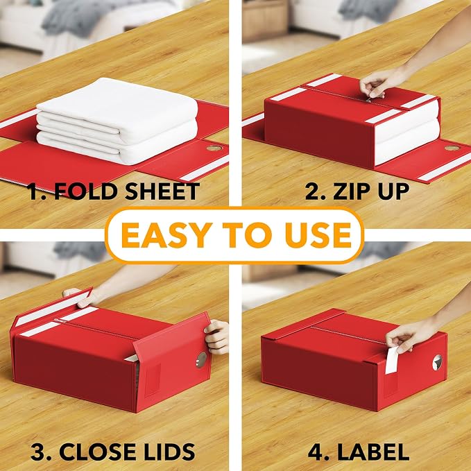SpaceAid 3 Pack Bed Organizers and Storage, Foldable Sheet Organizer for Linen Closet, Set Folder Keeper With Window XL (Queen & King Size) Bedding Container (Red)
