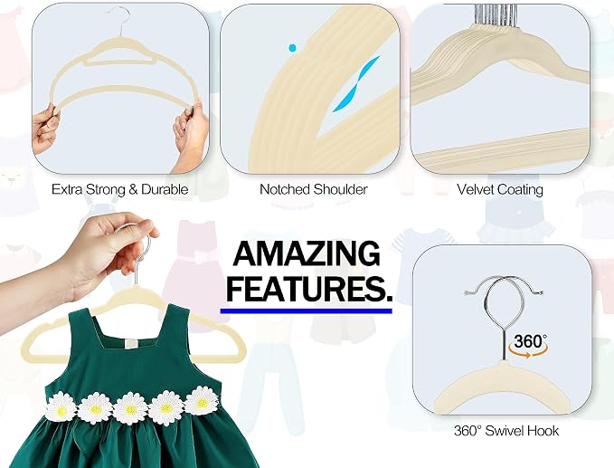 GVTECH Kids Hangers Velvet, [50 Pack] Children Cloth Durable Baby Hangers for Closet - Perfect Infant Toddler Kid Hanger for Everyday Use, Non Slip 360° Hooks for Shirt, Pant, Dress (50 Pack, Ivory)