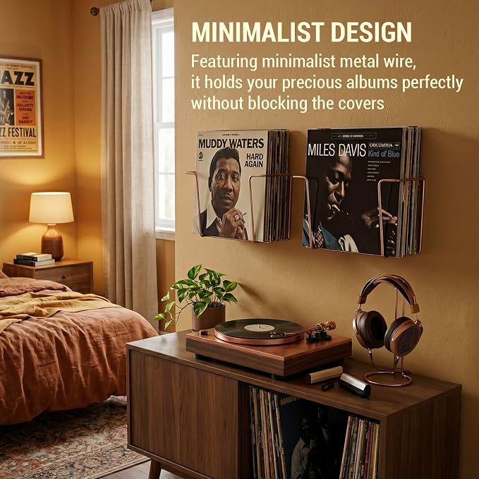MyGift Modern Metal Wire Wall Mounted Vinyl Records Storage Racks, Hanging LP Record Holders, Floating Album Cover Display Shelves, Set of 2 (Vintage Copper-2 Pcs)