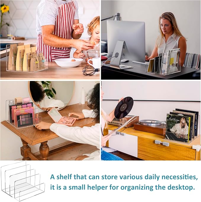 Sezanrpt Acrylic File Holder 4 Compartment, Clear Desk File Organizer, Acrylic Organizer for Books, Phone, Ipad, Envelope, Notebook, Calculator
