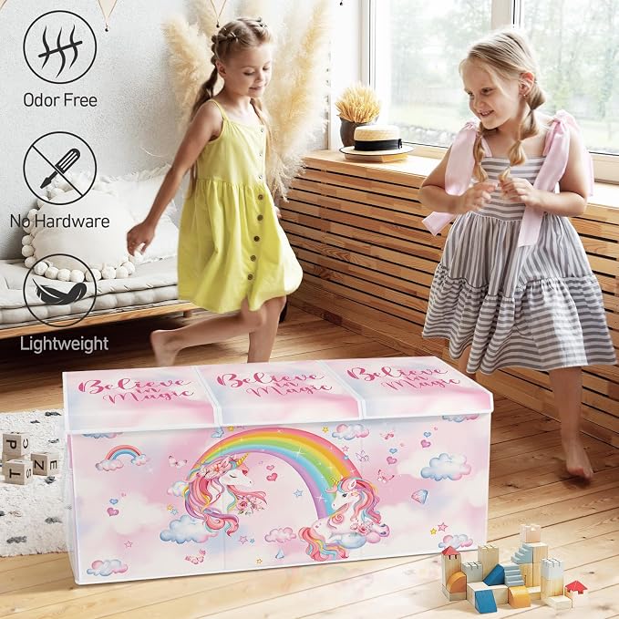 Extra Large Collapsible Toy Box with Lids, Sturdy Storage Organizer for Kids, 38"x16"x13" Toy Chest for Playroom, Nursery, Bedroom, Living Room (Unicorn and Rainbow)