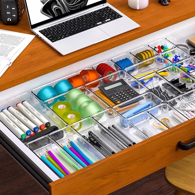 Yieach 25 Pc Clear Plastic Drawer Organizer Set,4 Sizes In Drawer Organizer Trays for Bathroom,Office,Kitchen Cabinet and Vanity Organizers,Desk Drawers Organizer Bin for Jewelry,Cosmetic,Utensil,Junk