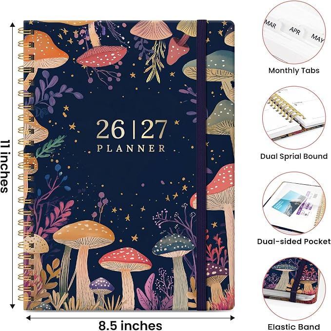 Planner 2026-2027, Hardcover Monthly and Weekly Academic Planner July 2026 - June 2027, Teacher and Student Calendar Agenda Book with Tabs, A4 (8.5" x 11"), Ideal for School and Office, Mushroom Party