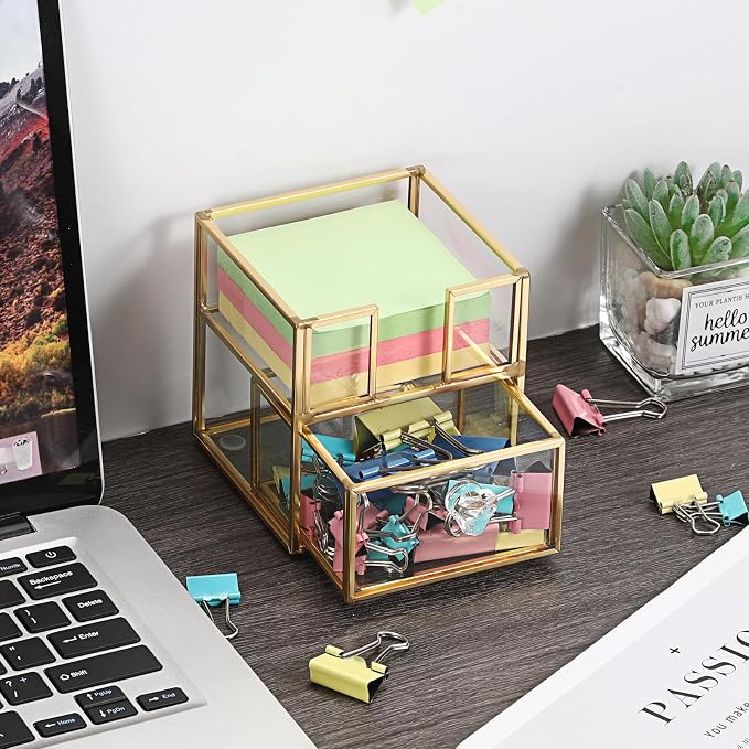 BTSKY Golden Glass 3x3 Inch Sticky Note Holder with Drawer, Elegant Post It Note Dispenser with Non-Slip Pads Clear Notepad Holder for Desk Organization Planning, Home Office Decor