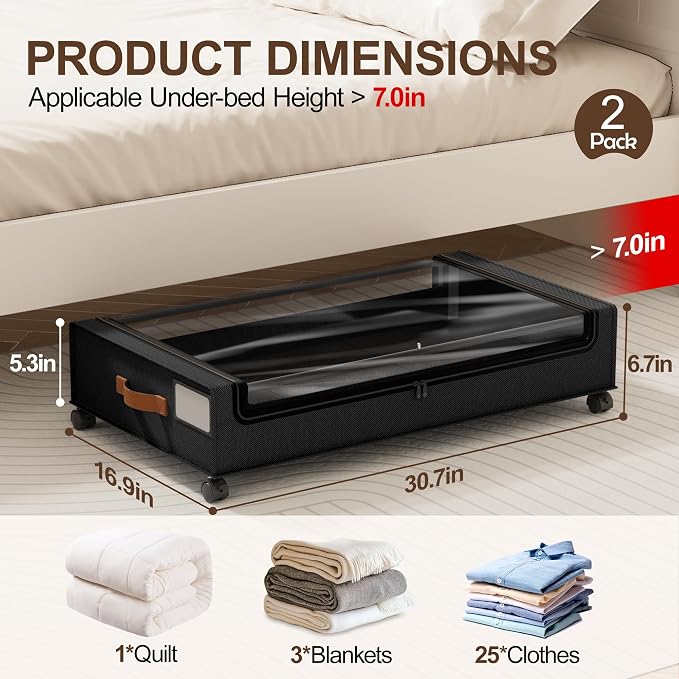 LAMU Under Bed Storage with Wheels, 2 Pack Under Bed Storage Containers with Clear Lid, XXL 60 L Underbed Storage Bins, Rolling Under Bed Metal Drawers for Clothes, Blankets, Shoes, Black