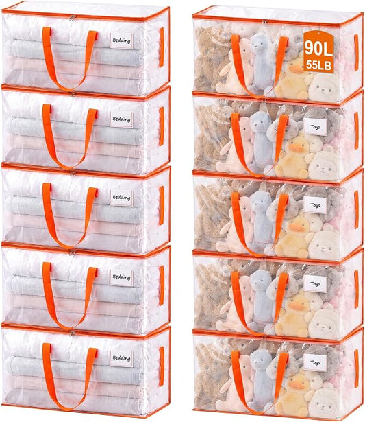 KYODOLED 10-Pack Clear Moving Bags Heavy Duty Extra Large, Storage Totes with Reinforced Handles, Zippers & Label Pocket, Transparent Packing Containers for College Dorm, Clothes, Bedding, Toys