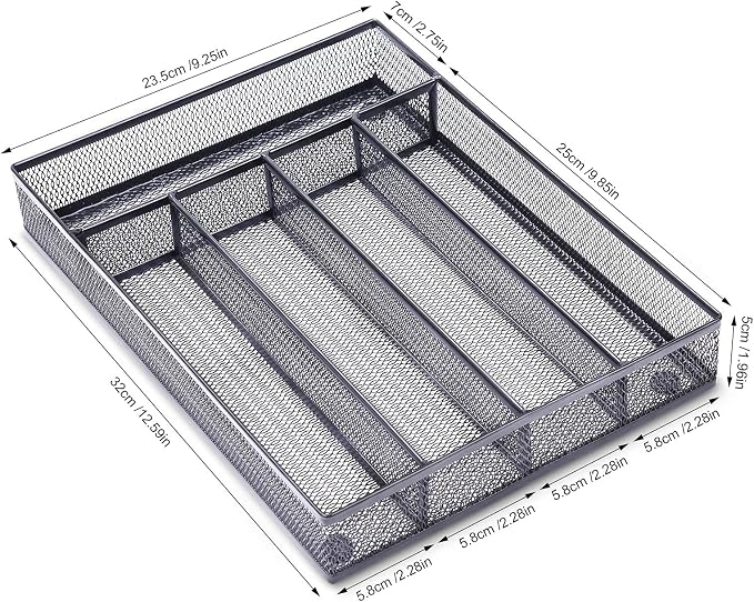 WuGeShop Silverware Drawer Organizer Black, Kitchen Drawer Organizer Metal Mesh Utensil Tray Non-Slip Cutlery Tray, 5 Compartments