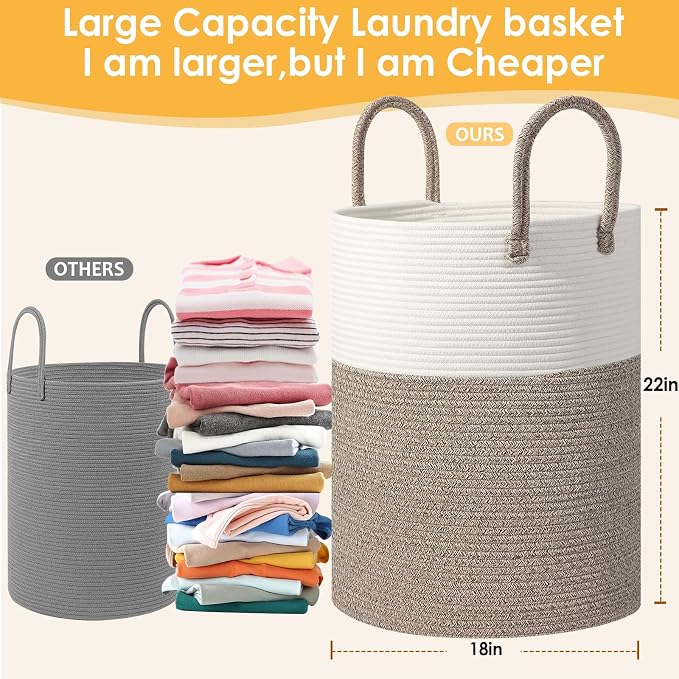 Large Woven Laundry Basket Hamper,100L Cotton Rope Storage Bin for Blankets,Toys and Clothes，Decorative Tall Blanket Basket for Living Room,Baby Nursery Hamper,Baby Storage Basket,Brown/White