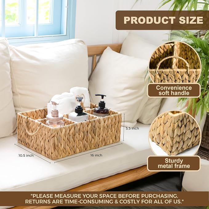 KOKODO Divided Storage Basket Woven Natural Basket Hyacinth for Organizing Bathroom Kitchen Shelves Office Supplies Organization Everyday Wicker Storage Baskets 4 Section Rectangular Tray