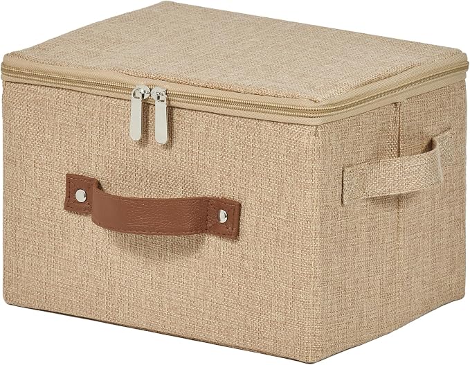 Storage Bins with Zipper Lid Cotton Linen Fabric Lidded Storage Baskets Boxes Foldable Washable Closet Shelf Clothes Organizer Container with PU Leather Handles (Linen, Small)