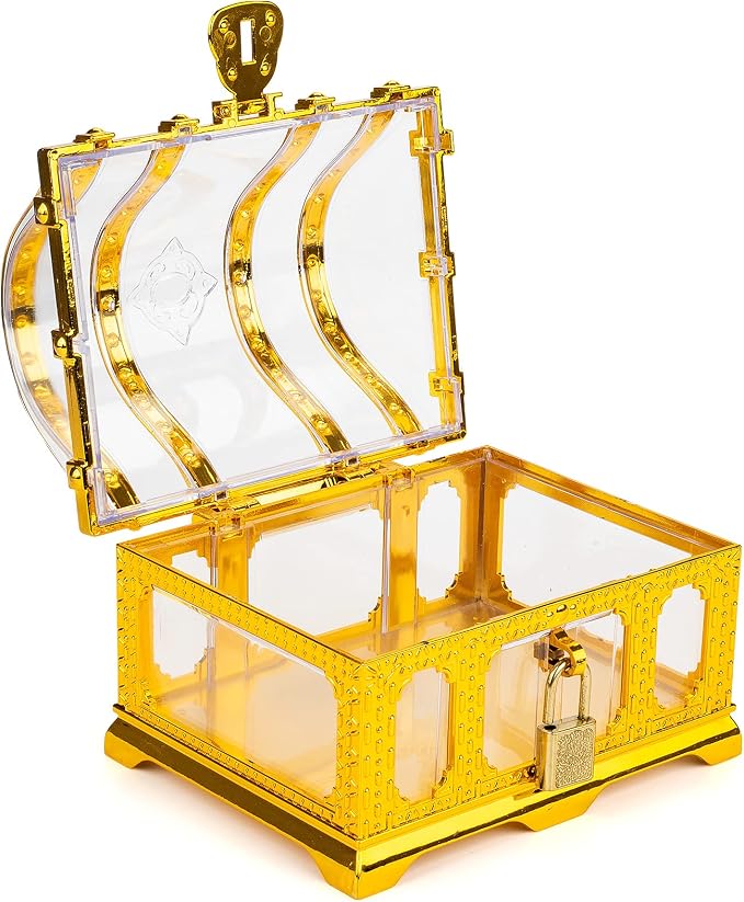 Pirate Treasure Chest for Kids Toy, Decorative Transparent Golden Pirate Chest with Lock and Key
