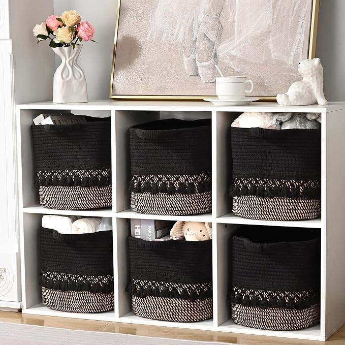 2 Pack Storage Basket for Shelves, Boho Cotton Rope Storage Bins with Heavy Tassel, Shelf Baskets Large Woven Baskets for Organizing, Cube Organizer Bins, Baby Laundry Basket for Clothes, Toys, Pets