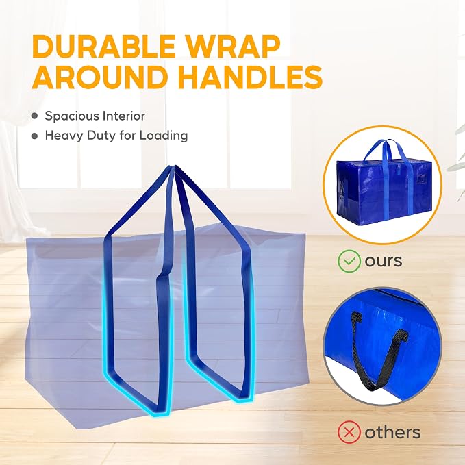 HealSmart 8 Pack Large Moving Bags with Zippers & Handles, Moving Supplies with lids, Heavy Duty Totes for Space Saving, Fold Flat, Moving and Storing, Blue