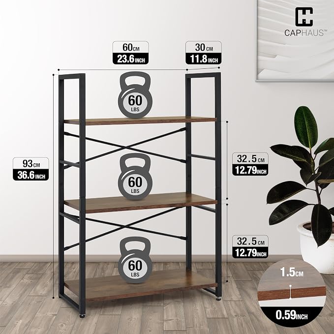 CAPHAUS 3 Tier Small Bookshelf, 24 Inch Width Free Standing Shelf, Bookcase Shelf Storage Organizer, Industrial Book Shelves for Home Office, Living Room, Rustic Oak Vintage Shelves & Metal Frame