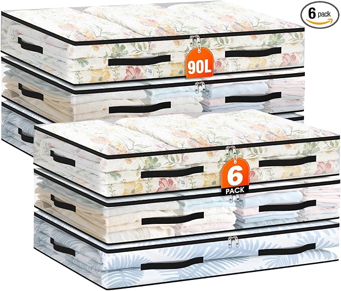 6 Pack Under Bed Storage Bags, 90L Foldable Clear Storage Containers with Handles, Dual Zippers for Comforter, Clothes, Bedding, Linen Sheets, Sweaters, Blanket Storage