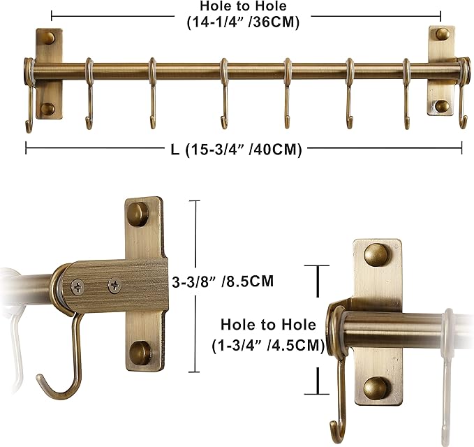 DSEAP Pot Rack - Pots & Pans Hanging Rack with 8 Hooks, Double Bars, Wall Mounted, Bronze, Pack of 2