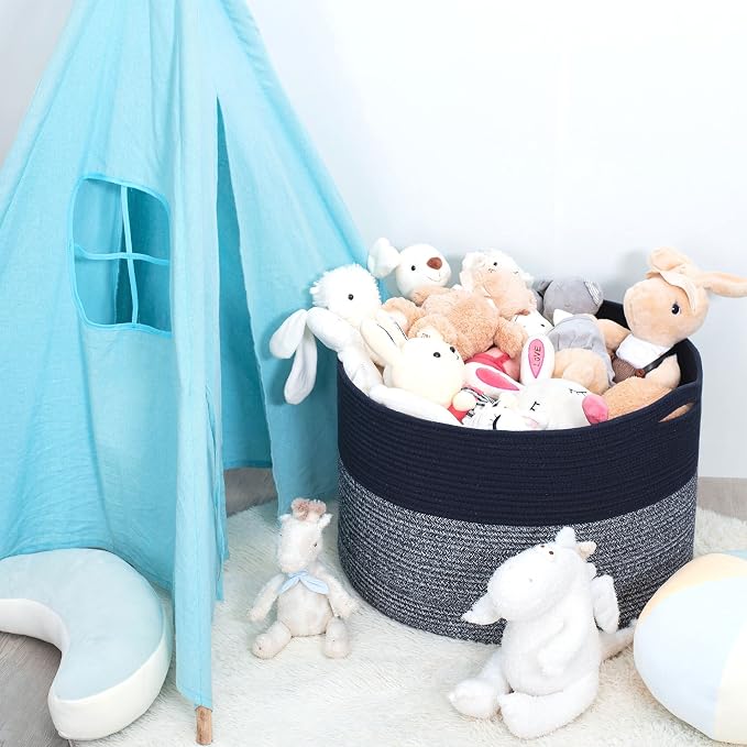 MINTWOOD Design Extra Large 22 x 14 Inches Blanket Storage Basket, Laundry Basket, Decorative Woven Cotton Rope Baskets for Blanket Storage Living Room, Dog Toy Storage Basket Bin, Navy Blue