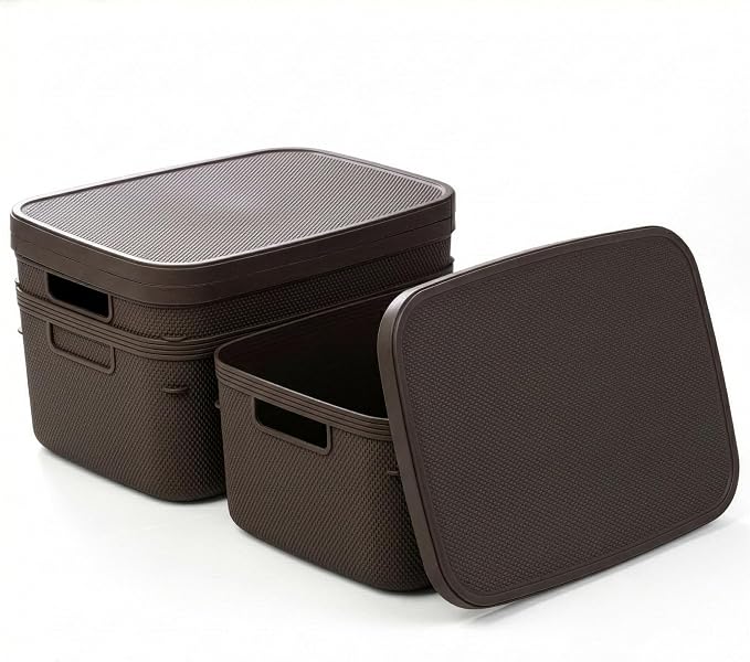 BINO | Plastic Storage Bins with Lids, 13 Liter - 3 Pack, Dark Brown | THE TWILL COLLECTION | Plastic Bins for Organization | Woven Storage Baskets for Organizing | Pantry Shelf Organizer Basket Bin