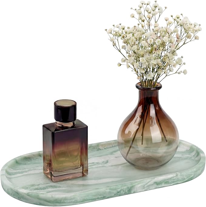YKAJO Botanical Green Oval Marble Tray, 11.8x5.9 Vanity Perfume Organizer | Honed natural stone; jewelry & trinket dish, ring & key holder, soap & candle catchall; bath counter, dresser, coffee table