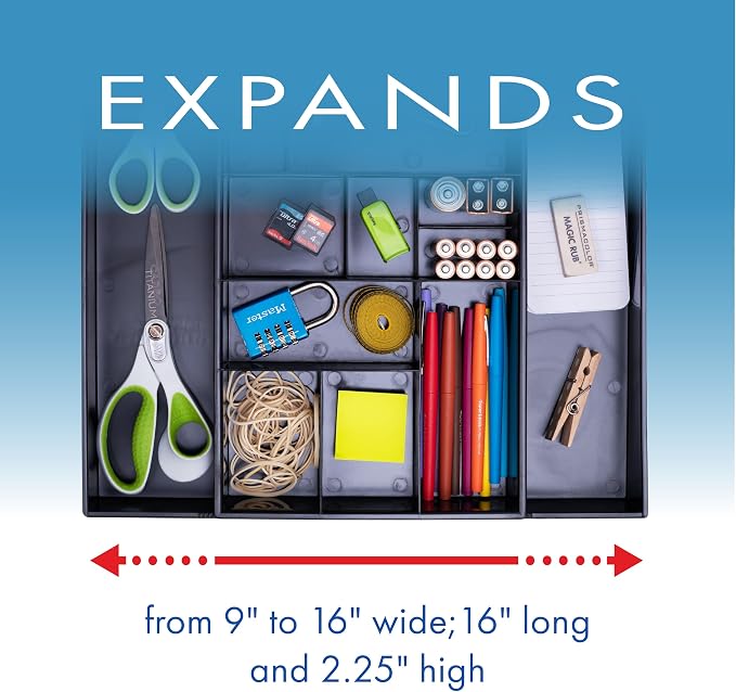 Dial Industries Expandable Office Drawer Desk Organizer Storage Tray | Adjusts to fit narrow or wide drawers, Keeps pens, tools and small items separated, Great for desks, offices or kitchens
